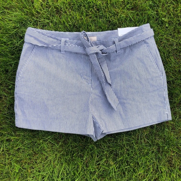 LOFT Pants - LOFT Outlet Blue and White Striped 4” Chino Shorts with Tie Belt Size 10 Cotton